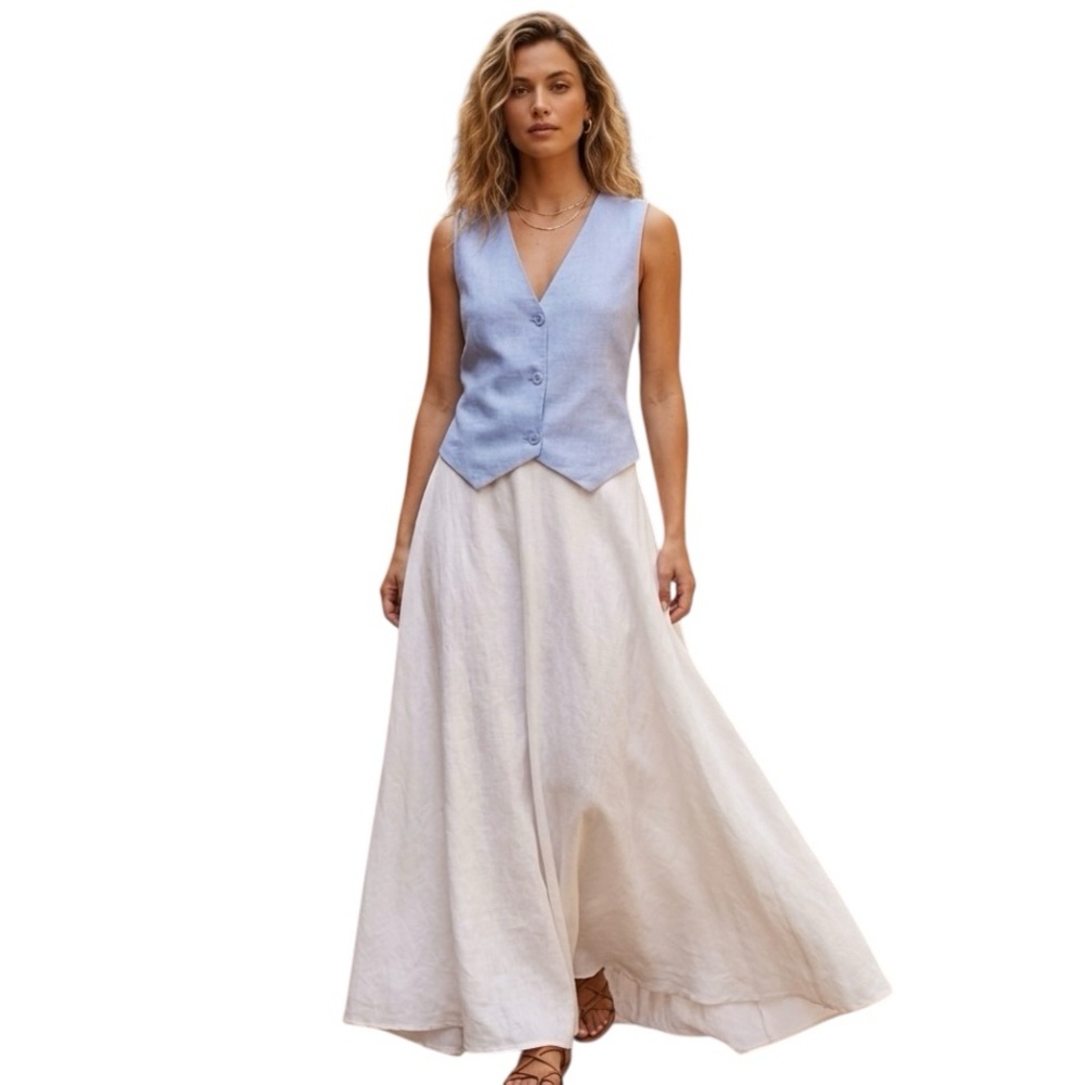 Quince Light Blue Linen Vest with Cream Skirt
